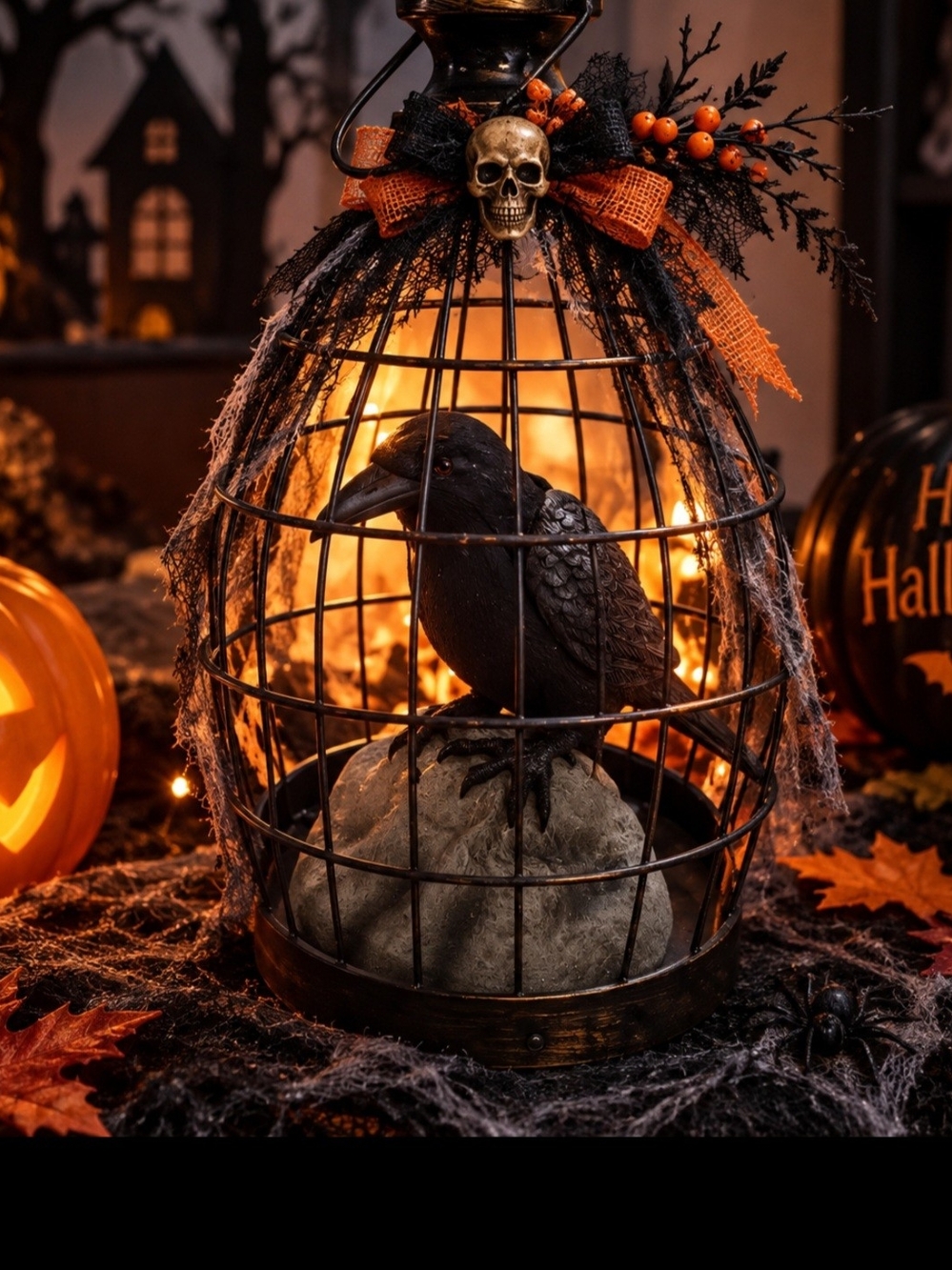Animated Squawking Caged Black Crow/raven...hallowen 15"